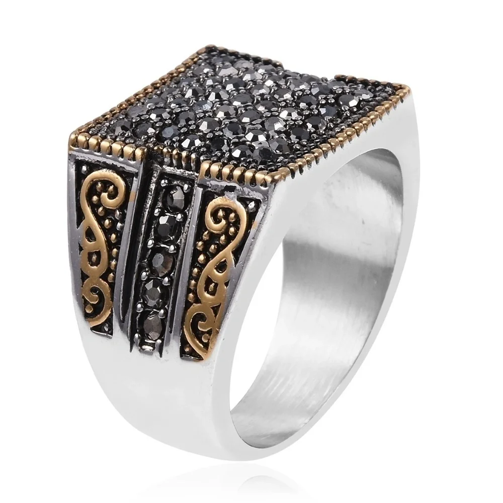 Grey Austrian Crystal Square Ring Black Oxidized 316L Stainless Steel Men’s 2CT